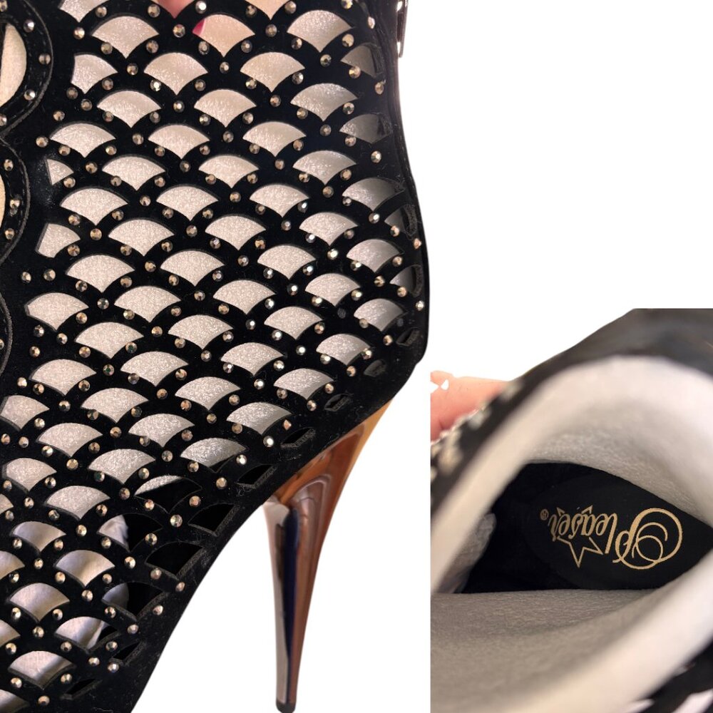RARE BLACK RHINESTONE CRYSTAL 6" CAGED PEEP TOE GLAM PLEASER HEELS SZ. 8‎ NEW - Picture 4 of 6